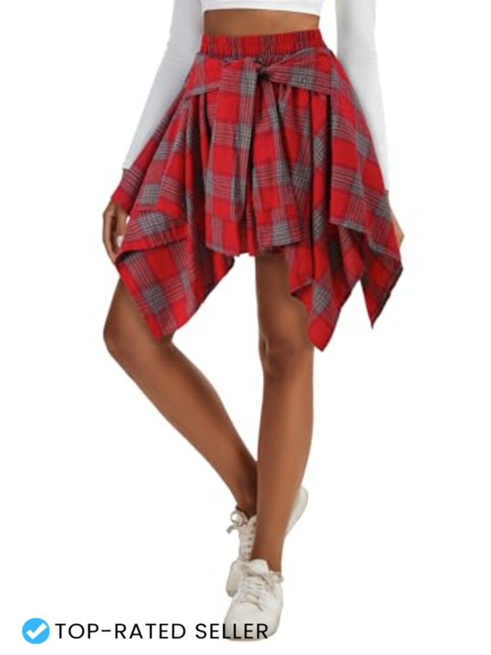 Plaid Pleated Tie Front A-Line Mini Skirt Asymmetrical Y2K Cotton